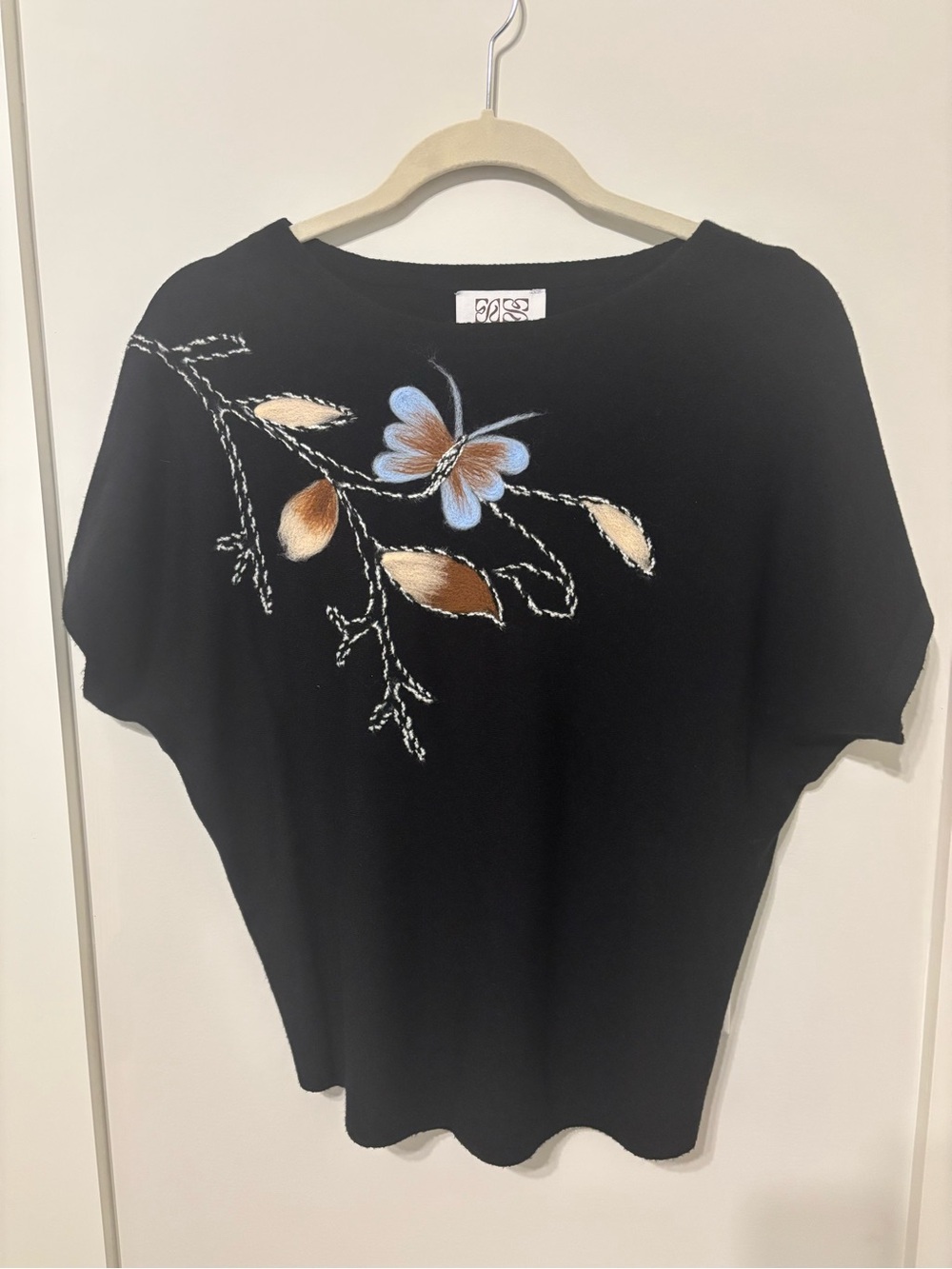 Black Short Sleeve Top with Blue & Tan Butterfly Embroidery